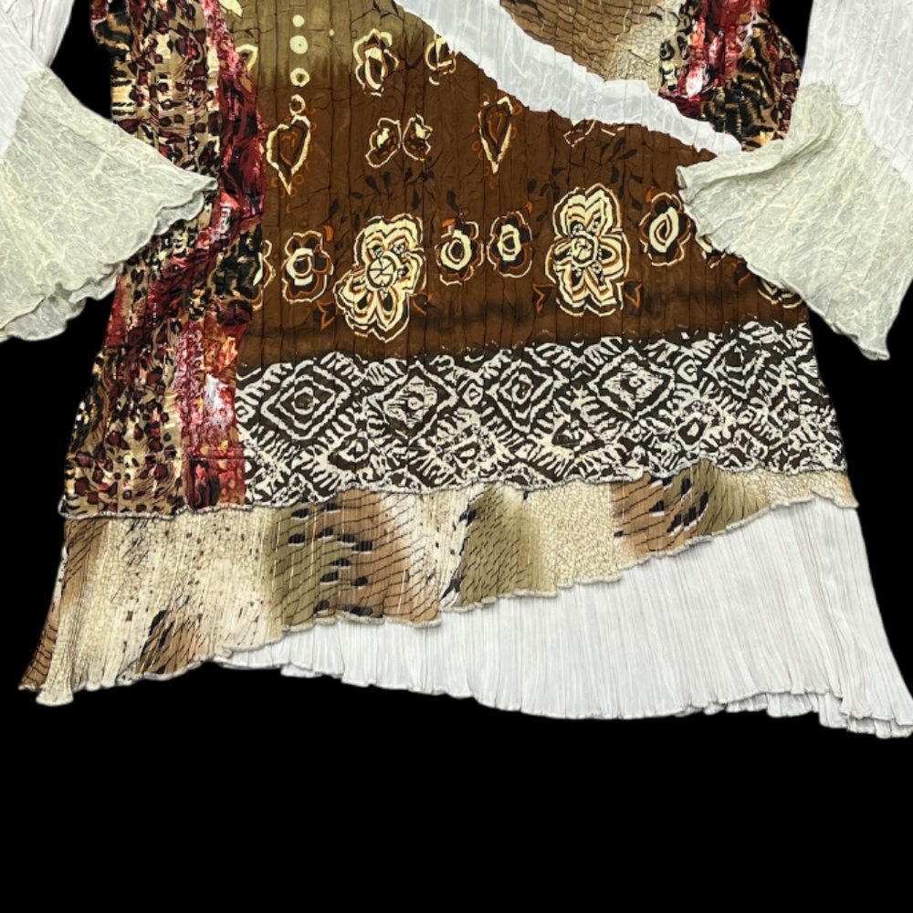 Alberto Makali Top Blouse Large Floral Layers Silky Shimmery Stretch Tan Crinkle - Picture 7 of 8